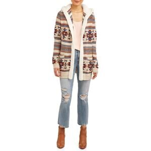 NWT Juniors Sherpa Hood Cardigan Small 3/5 Oatmeal Aztec Boho Western Cowgirl